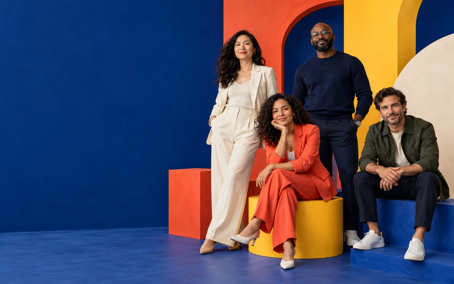 A diverse group of four leaders in a colorful studio